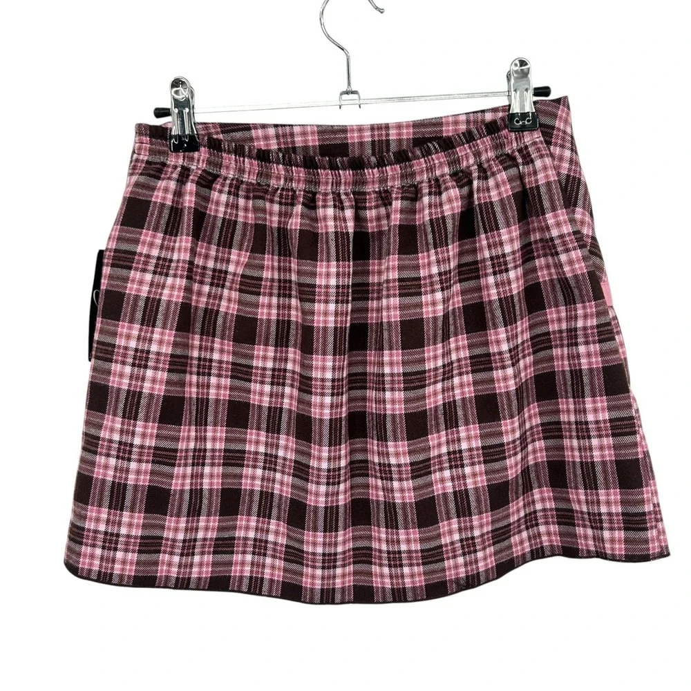 Y2K Plaid‎ Mini Skirt XL Pink Brown Pleated Coquette Preppy Mallcore Schoolgirl